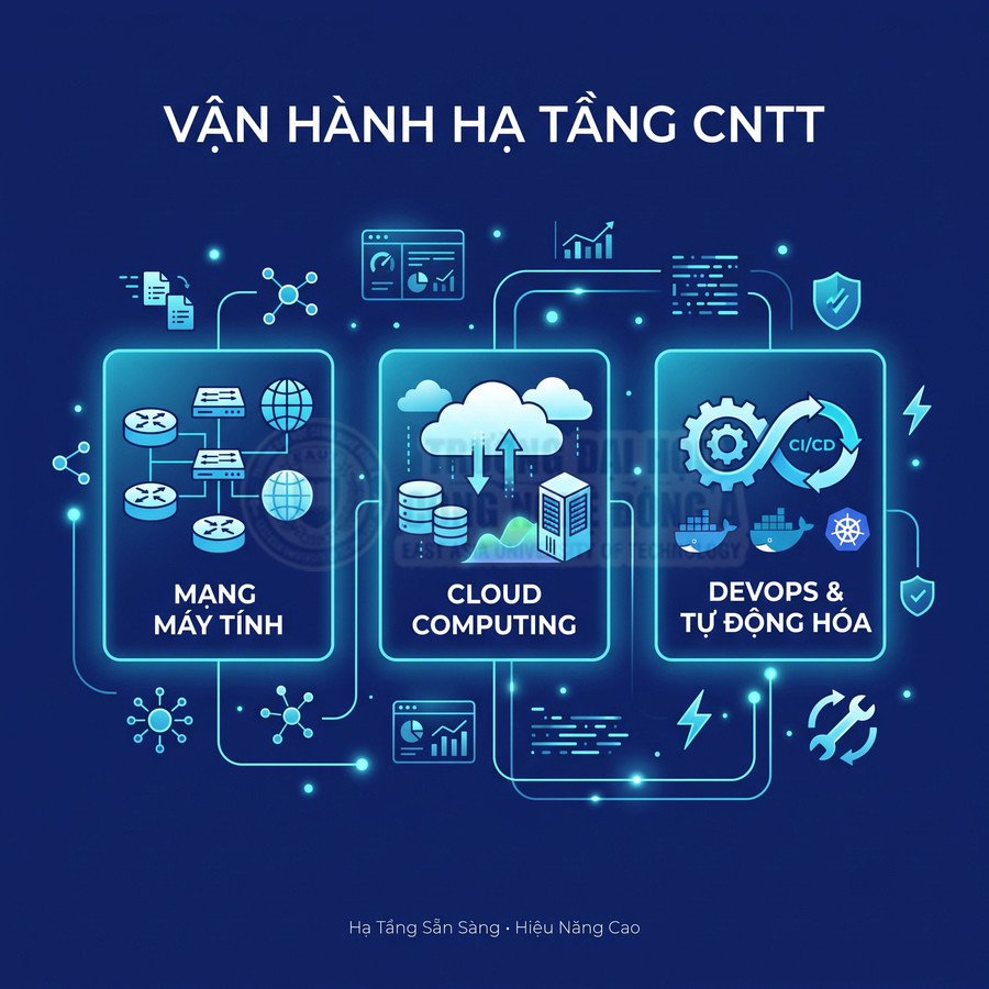 Mô hình vận hành hạ tầng CNTT với mạng máy tính, cloud computing và DevOps tự động hóa trên nền xanh