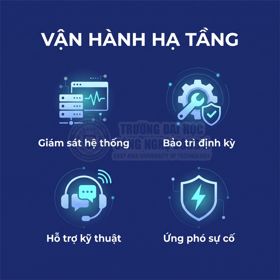 Vận hành hạ tầng gồm giám sát hệ thống, bảo trì định kỳ, hỗ trợ kỹ thuật và ứng phó sự cố