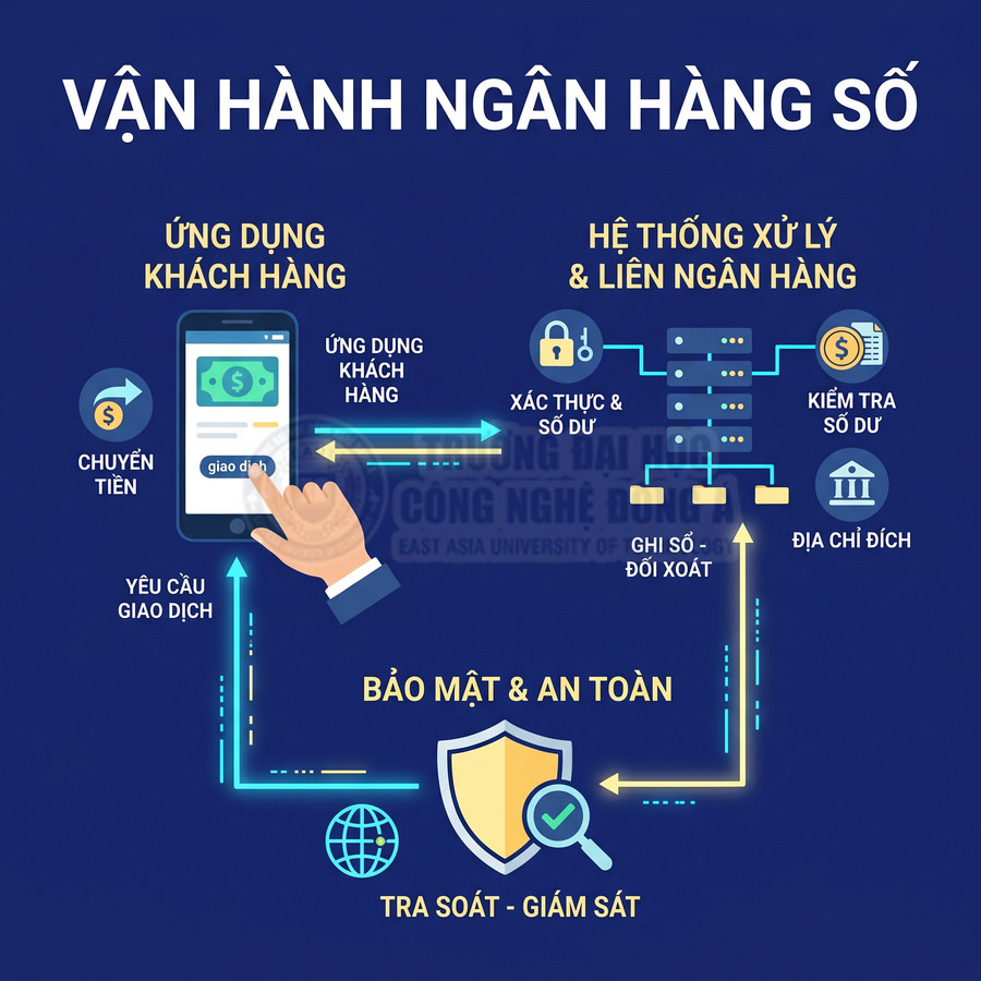 Quy trình vận hành ngân hàng số với ứng dụng khách hàng, hệ thống xử lý giao dịch và các lớp bảo mật an toàn