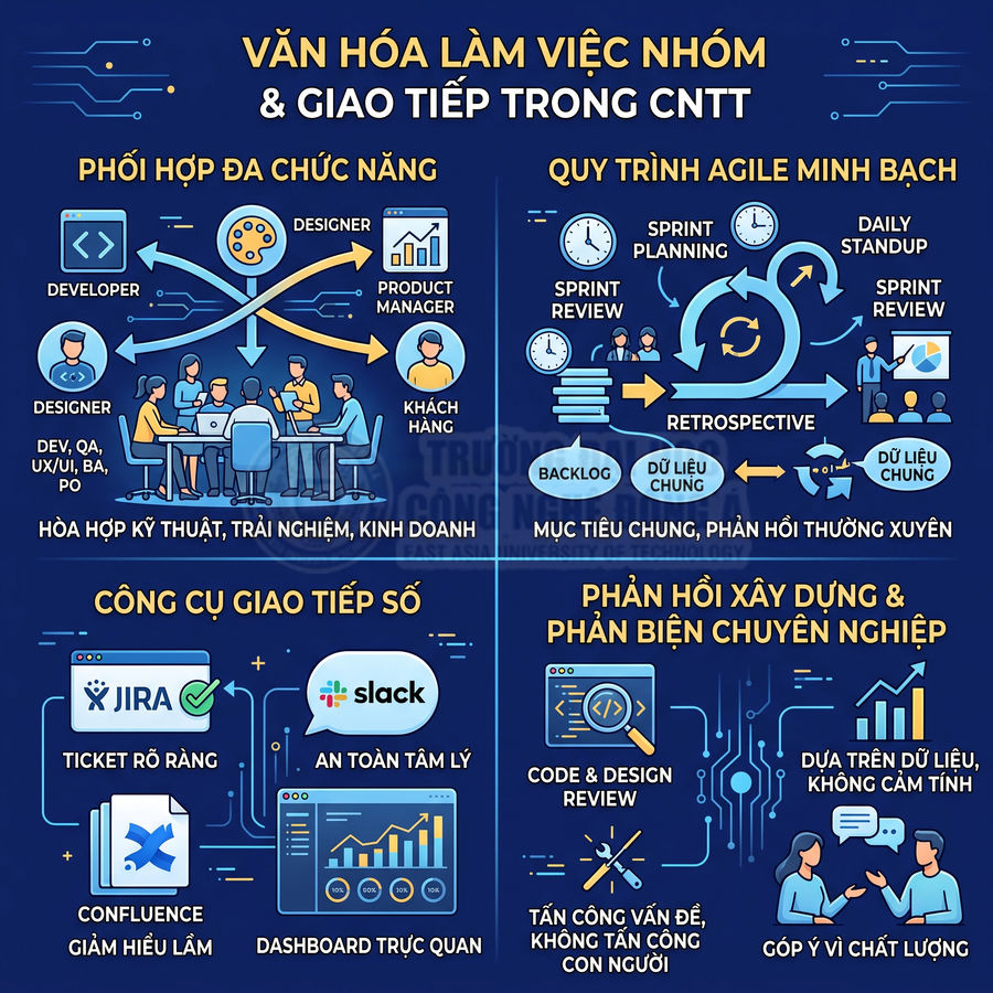 Văn hóa làm việc nhóm và giao tiếp trong CNTT với quy trình Agile, công cụ Jira Slack Confluence và dashboard trực quan