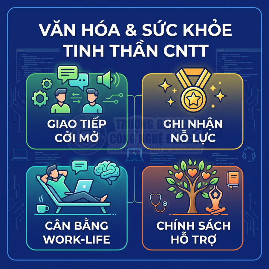 Infographic văn hóa và sức khỏe tinh thần CNTT với giao tiếp cởi mở, ghi nhận nỗ lực, cân bằng work life, chính sách hỗ trợ