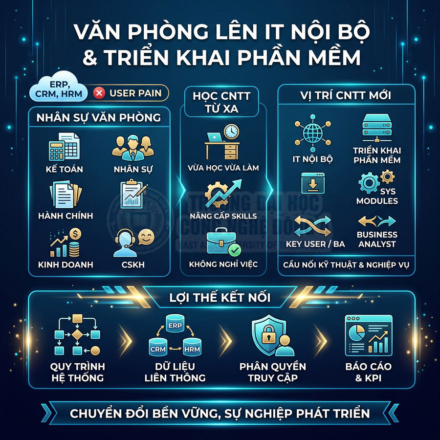 Infographic khóa học văn phòng lên IT nội bộ và triển khai phần mềm ERP CRM HRM với lợi thế kết nối và cơ hội nghề nghiệp