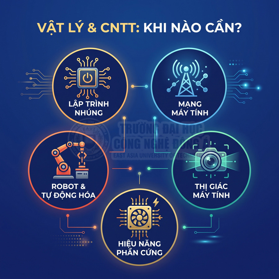 Infographic các lĩnh vực ứng dụng vật lý trong CNTT như lập trình nhúng, mạng máy tính, robot, thị giác máy tính