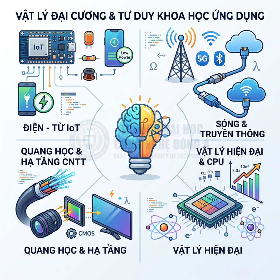 Minh họa các lĩnh vực điện tử IoT, sóng truyền thông, quang học, vật lý hiện đại và CPU trong chương trình vật lý ứng dụng
