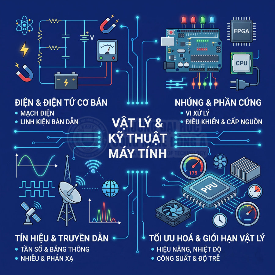 Minh họa các lĩnh vực vật lý và kỹ thuật máy tính như điện tử, nhúng, tín hiệu, tối ưu hóa phần cứng