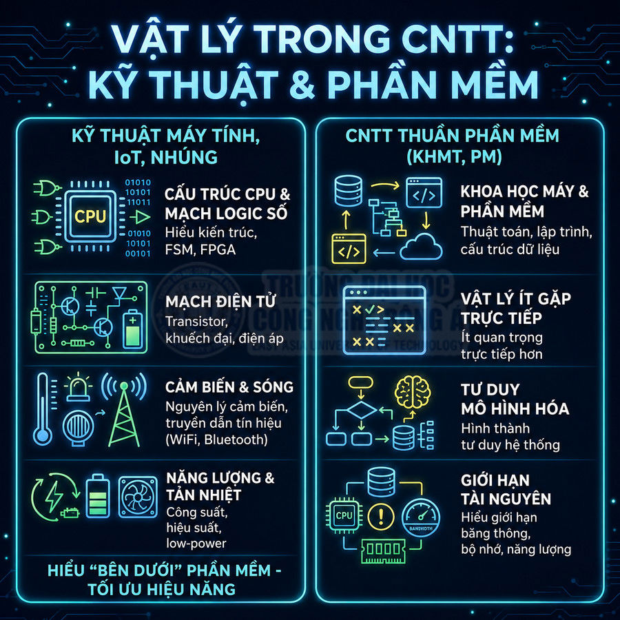 Poster minh họa vai trò của vật lý trong công nghệ thông tin, kỹ thuật máy tính và phần mềm