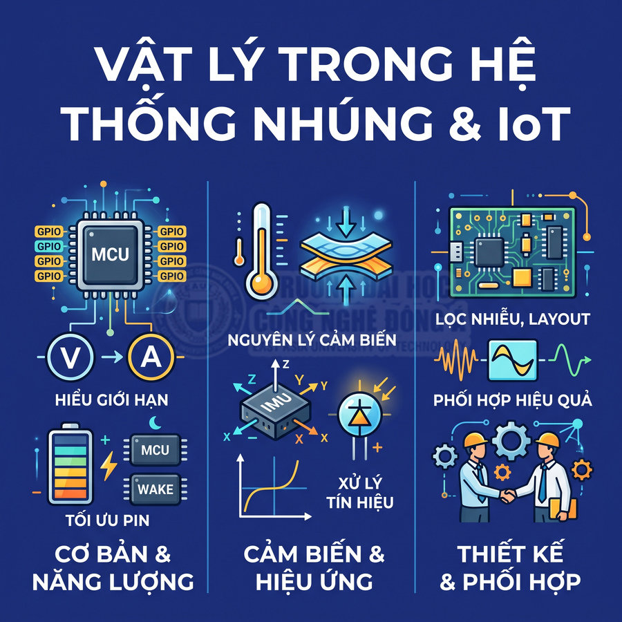 Poster khóa học vật lý trong hệ thống nhúng và IoT với minh họa cảm biến, vi điều khiển, mạch điện và kỹ sư thiết kế