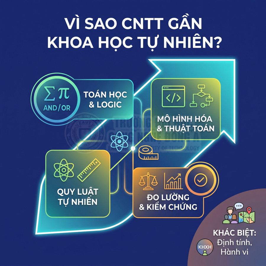 Infographic giải thích vì sao ngành công nghệ thông tin gần với khoa học tự nhiên qua toán học, mô hình hóa và kiểm chứng