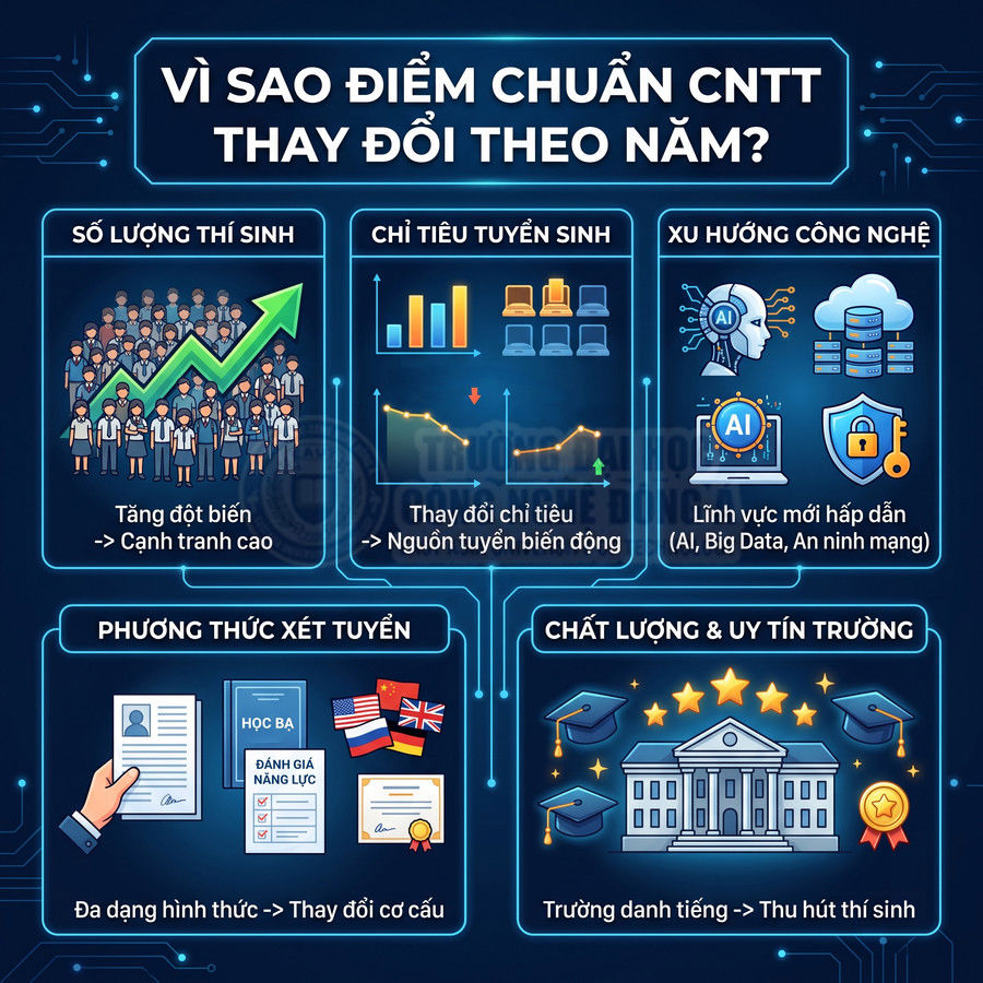 Infographic lý do điểm chuẩn ngành CNTT thay đổi theo năm với các yếu tố tuyển sinh và xu hướng công nghệ