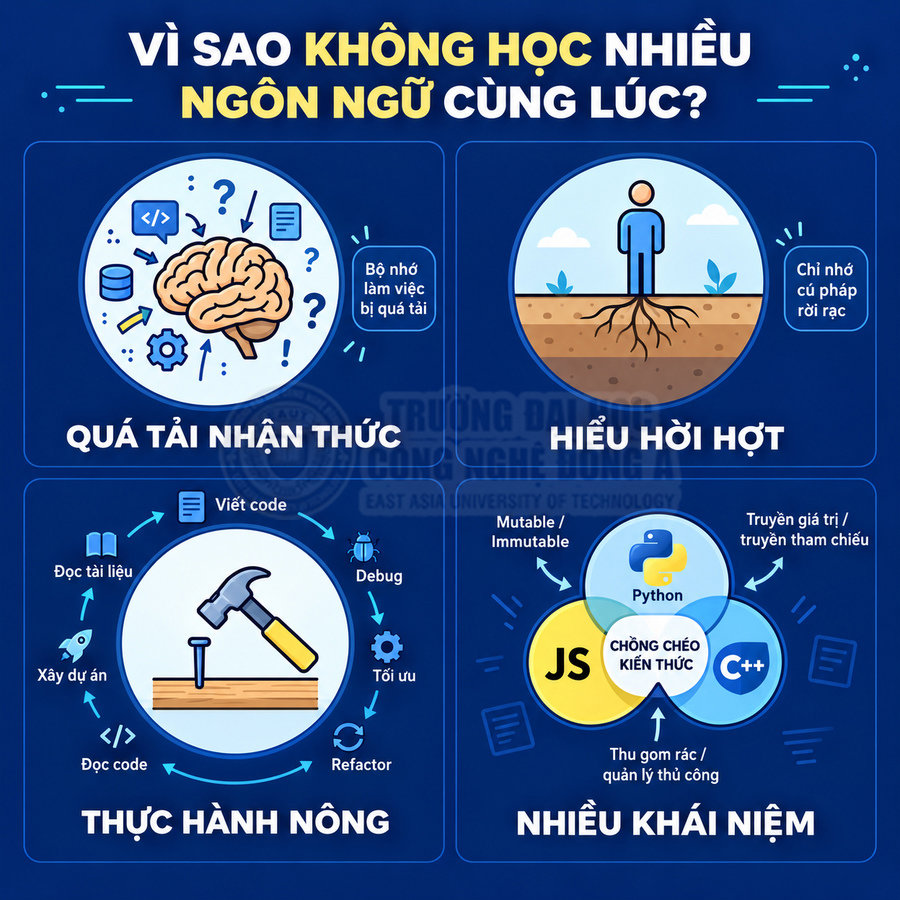 Infographic giải thích lý do không nên học nhiều ngôn ngữ lập trình cùng lúc như Python, JavaScript, C++