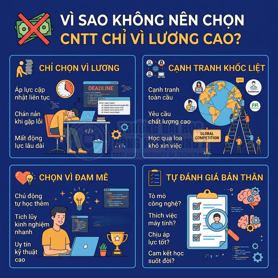 Infographic lý do không nên chọn ngành công nghệ thông tin chỉ vì lương cao và khuyến khích học vì đam mê