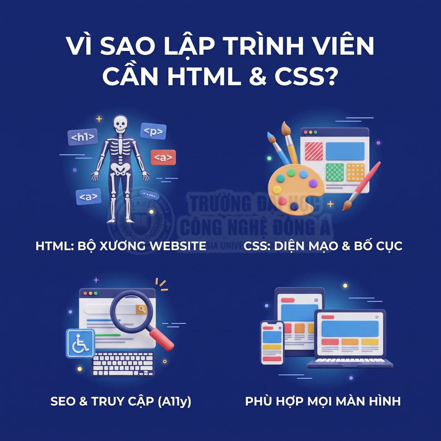 Thiết kế minh họa lý do lập trình viên cần HTML và CSS, nhấn mạnh cấu trúc, giao diện, SEO và responsive web