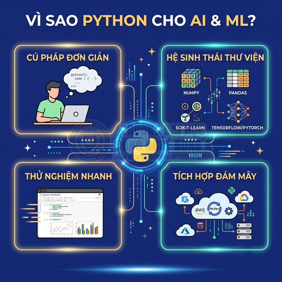 Lý do dùng Python cho AI và Machine Learning với cú pháp đơn giản, thư viện NumPy, Pandas, TensorFlow, thử nghiệm nhanh