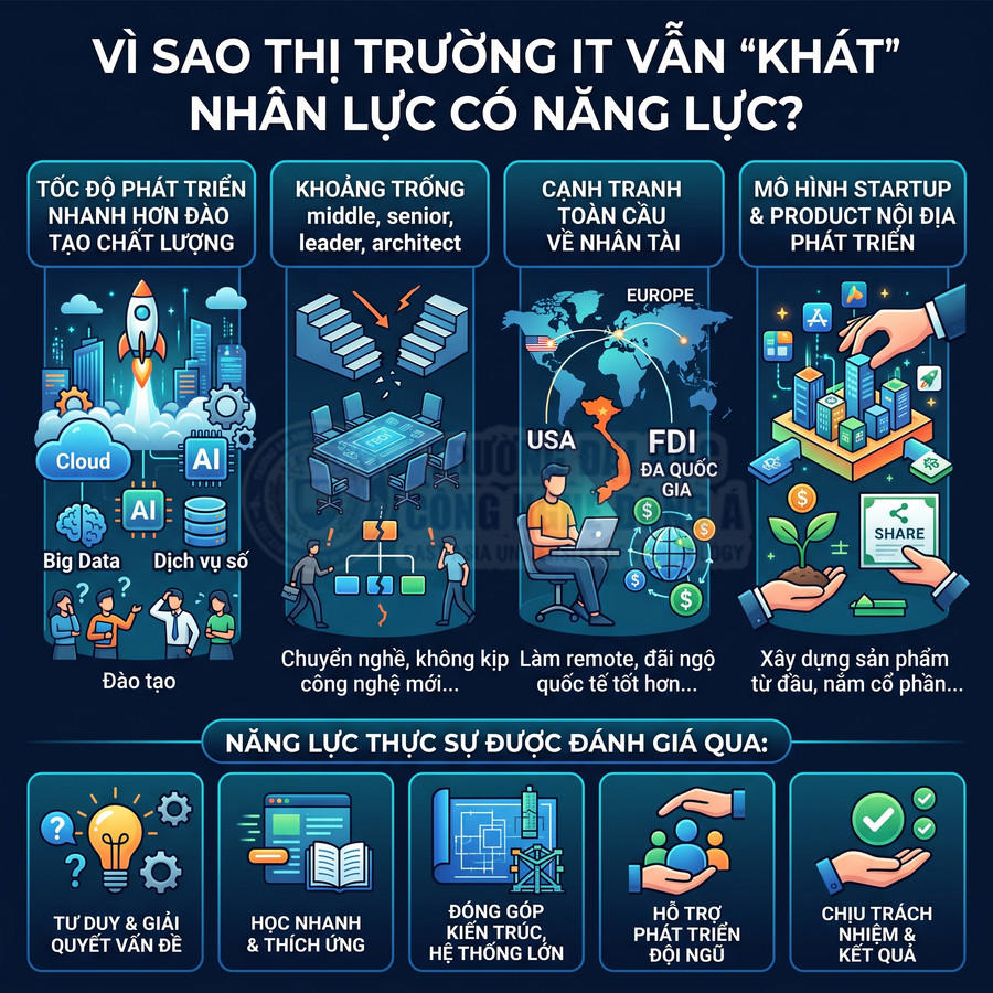 Infographic lý do thị trường IT thiếu nhân lực giỏi và các năng lực quan trọng được doanh nghiệp đánh giá