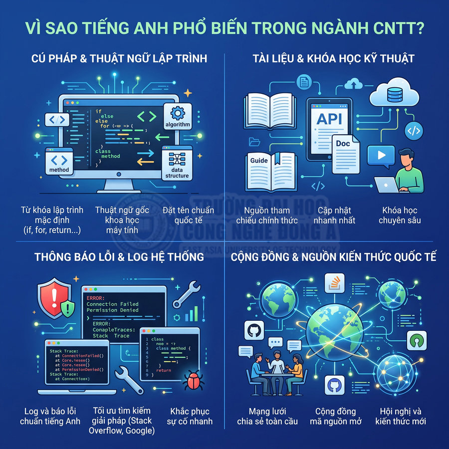 Infographic lý do tiếng Anh quan trọng trong ngành công nghệ thông tin, gồm lập trình, tài liệu, log lỗi và cộng đồng quốc tế