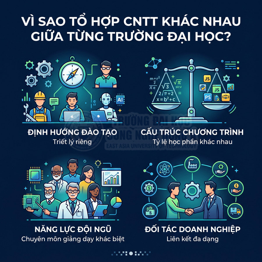 Lý do tổ hợp ngành CNTT khác nhau giữa các trường đại học với minh họa định hướng đào tạo, chương trình, đội ngũ và doanh nghiệp