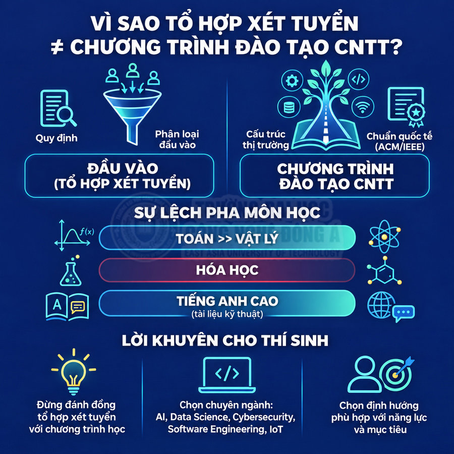 Infographic giải thích sự khác nhau giữa tổ hợp xét tuyển và chương trình đào tạo CNTT, kèm lời khuyên chọn ngành