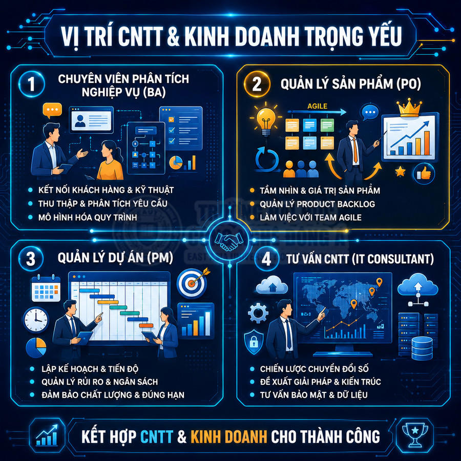Infographic các vị trí CNTT và kinh doanh quan trọng như BA, PO, PM, tư vấn CNTT và kỹ năng chính