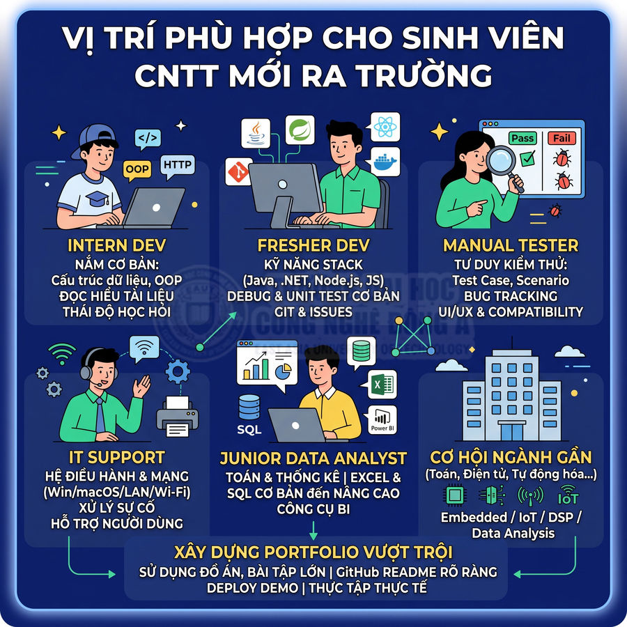 Các vị trí việc làm phù hợp cho sinh viên CNTT mới ra trường với mô tả kỹ năng và cơ hội nghề nghiệp
