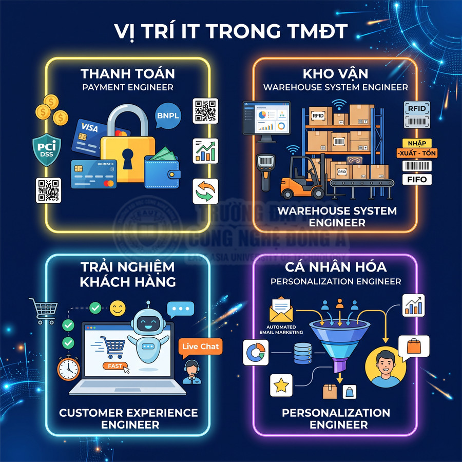 Infographic các vị trí IT trong thương mại điện tử gồm payment, warehouse, customer experience và personalization engineer