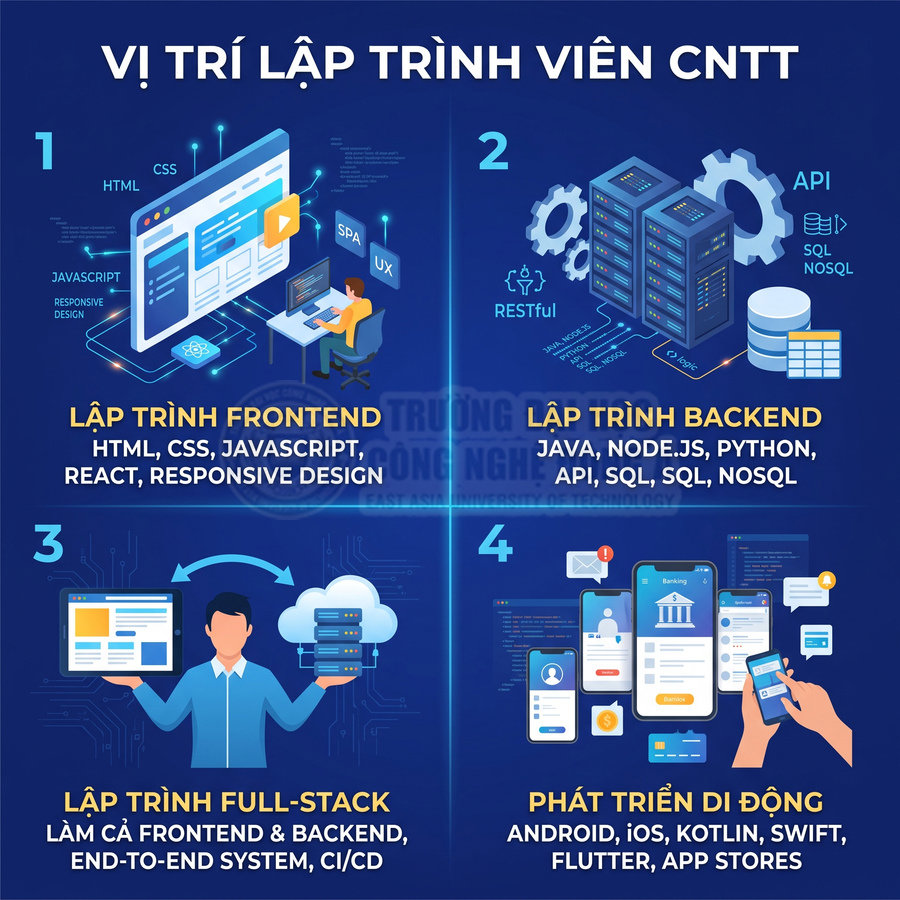 Infographic giới thiệu các vị trí lập trình viên CNTT gồm frontend, backend, full‑stack và phát triển ứng dụng di động