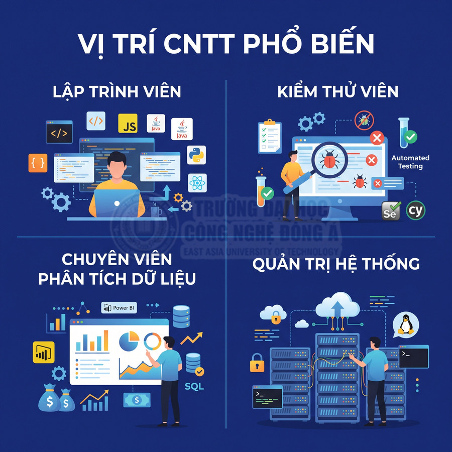 Các vị trí ngành CNTT phổ biến gồm lập trình viên, kiểm thử viên, phân tích dữ liệu và quản trị hệ thống