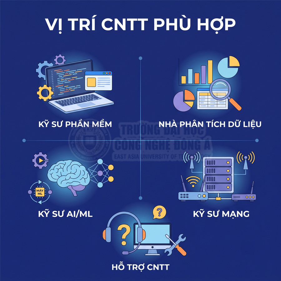 Các vị trí ngành CNTT gồm kỹ sư phần mềm, phân tích dữ liệu, AI ML, kỹ sư mạng và hỗ trợ CNTT