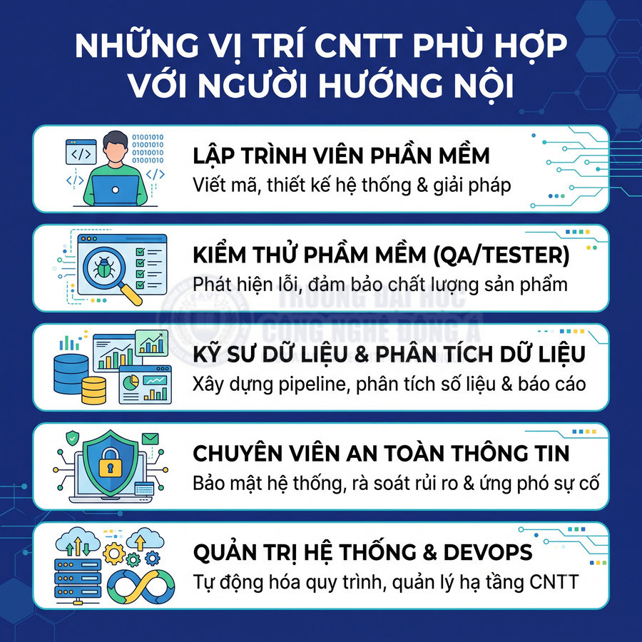 Các vị trí ngành CNTT phù hợp với người hướng nội như lập trình viên, kiểm thử, dữ liệu, an toàn thông tin, DevOps
