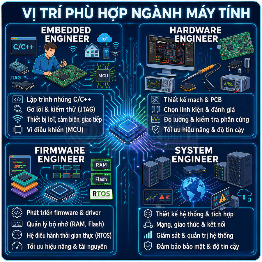 Infographic các vị trí ngành máy tính: embedded, hardware, firmware, system engineer và mô tả nhiệm vụ từng vị trí