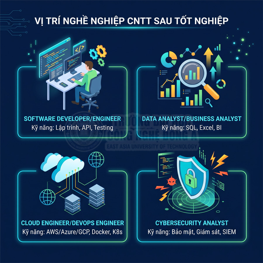 Infographic các vị trí nghề nghiệp CNTT sau tốt nghiệp: lập trình viên, data analyst, cloud engineer, cybersecurity analyst