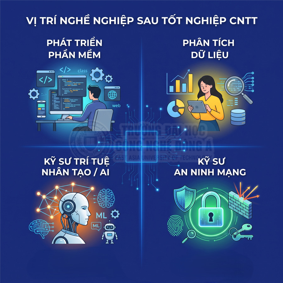 Các vị trí nghề nghiệp CNTT sau tốt nghiệp gồm phát triển phần mềm, phân tích dữ liệu, AI và kỹ sư an ninh mạng