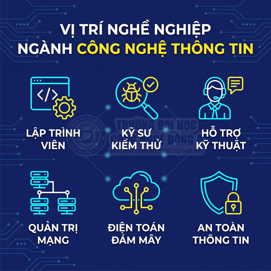 Các vị trí nghề nghiệp ngành công nghệ thông tin gồm lập trình viên, kỹ sư kiểm thử, hỗ trợ kỹ thuật, quản trị mạng, điện toán đám mây và an toàn thông tin
