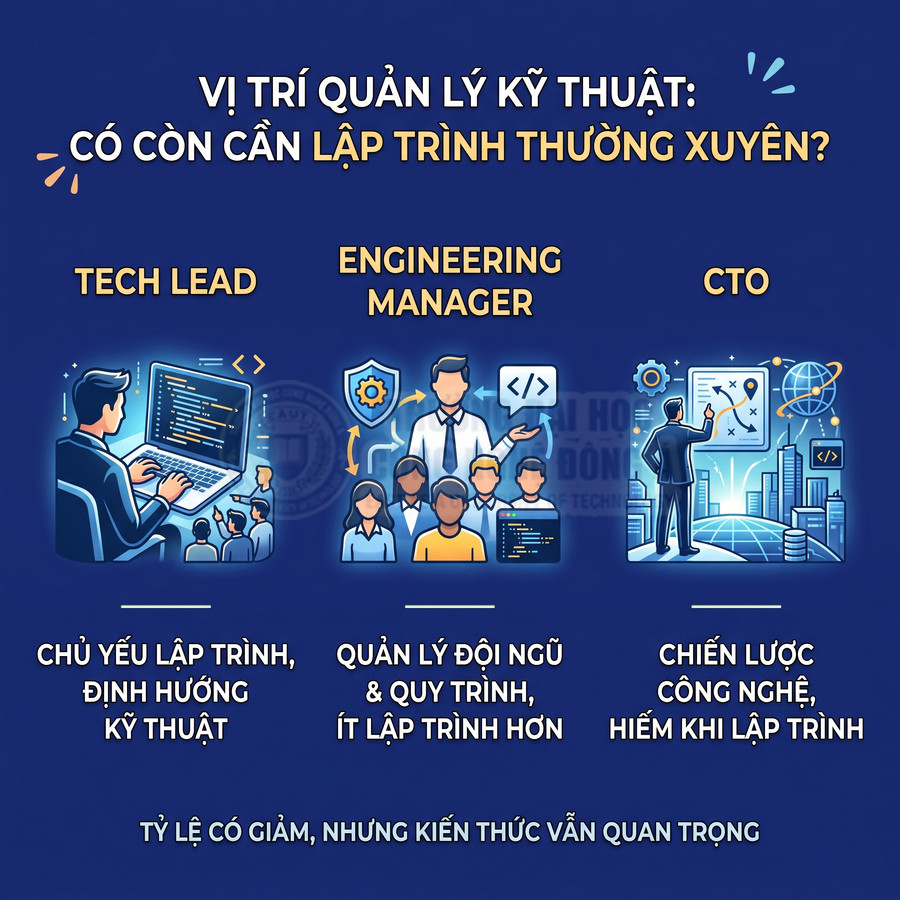 So sánh vai trò Tech Lead, Engineering Manager và CTO về mức độ lập trình và quản lý trong kỹ thuật