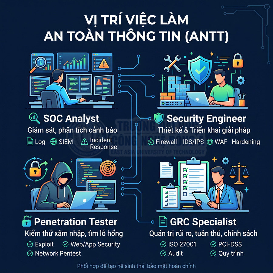 Các vị trí việc làm an toàn thông tin gồm SOC Analyst, Security Engineer, Penetration Tester, GRC Specialist