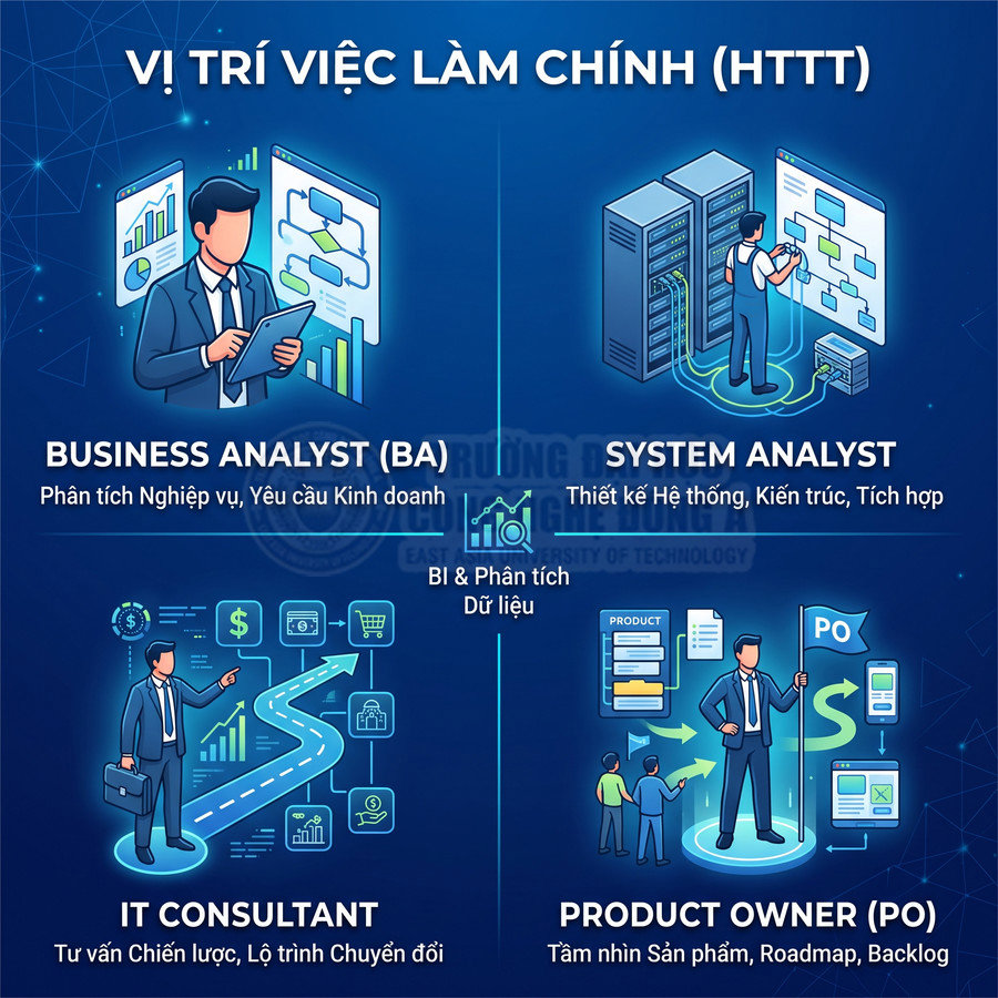 Các vị trí việc làm ngành hệ thống thông tin: Business Analyst, System Analyst, IT Consultant, Product Owner