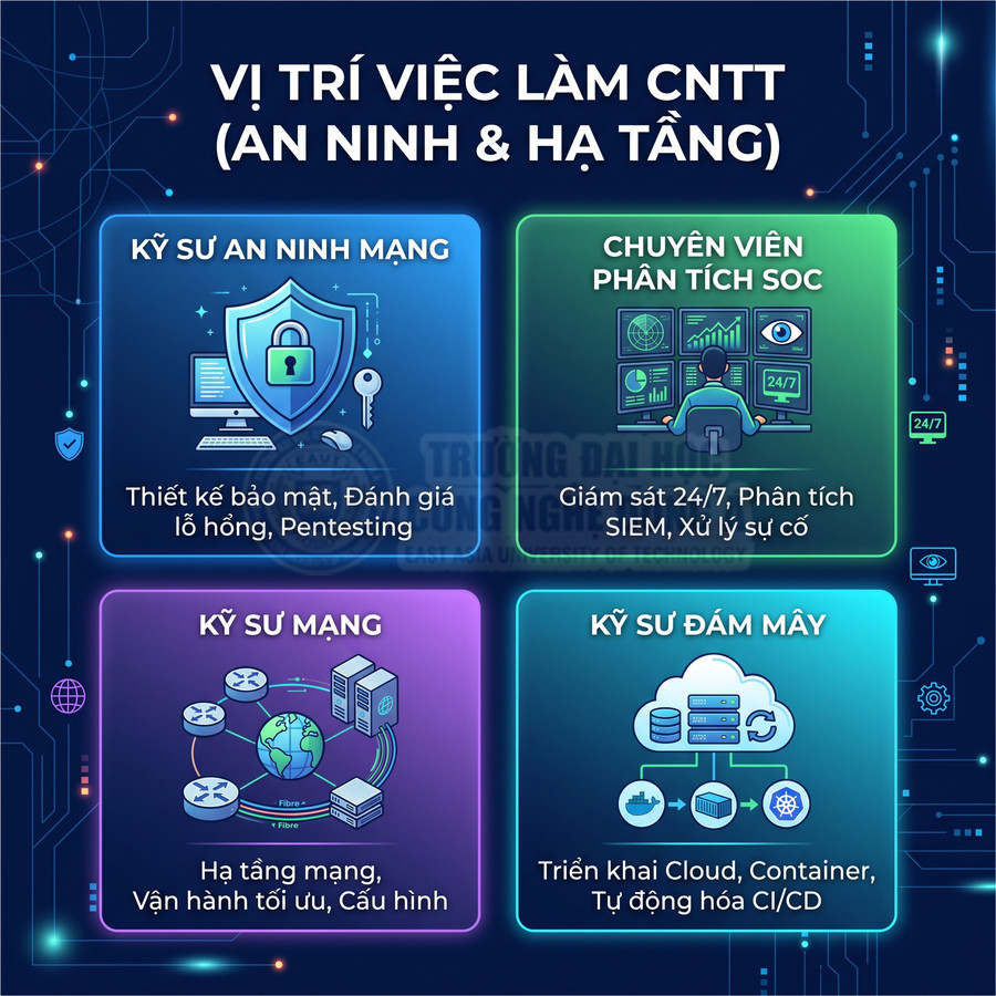 Các vị trí việc làm CNTT an ninh và hạ tầng gồm kỹ sư an ninh mạng, SOC, mạng, kỹ sư đám mây