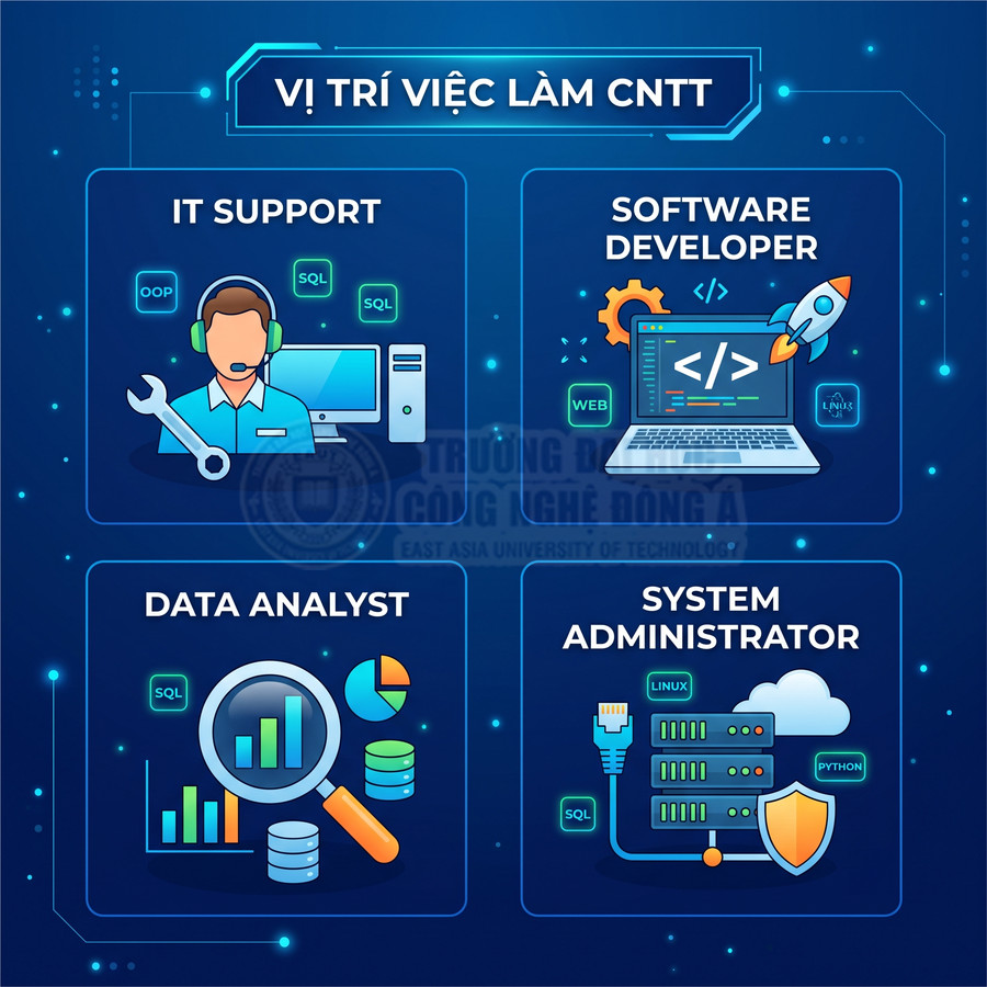 Các vị trí việc làm ngành CNTT gồm IT Support, Software Developer, Data Analyst, System Administrator