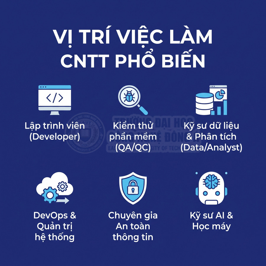 Các vị trí việc làm CNTT phổ biến như lập trình viên, kiểm thử, dữ liệu, DevOps, an toàn thông tin, kỹ sư AI