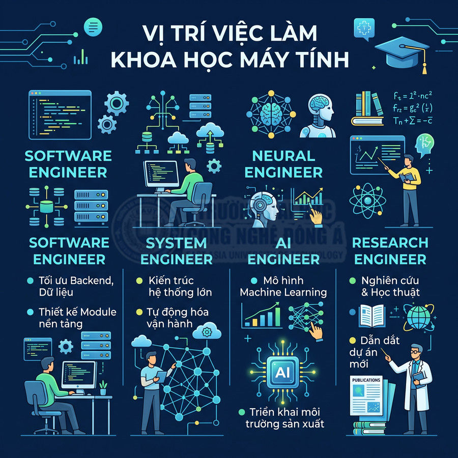 Infographic các vị trí việc làm ngành khoa học máy tính như software engineer, system, AI, neural và research engineer