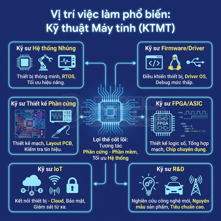 Các vị trí việc làm phổ biến ngành Kỹ thuật Máy tính như nhúng, phần cứng, firmware, FPGA, IoT, R&D