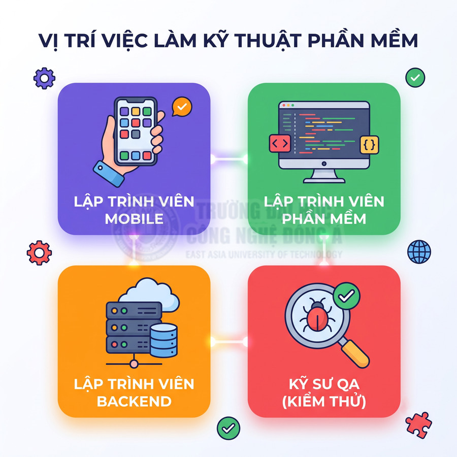 Các vị trí việc làm kỹ thuật phần mềm gồm lập trình viên mobile, backend, phần mềm và kỹ sư QA