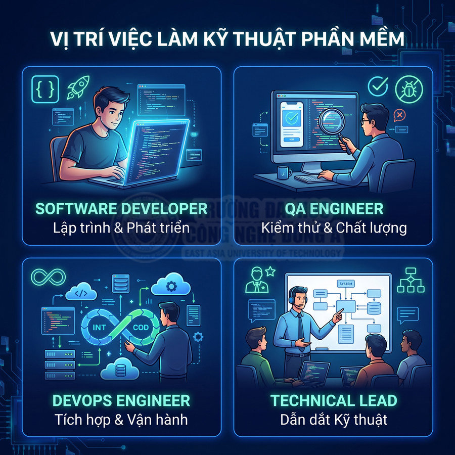 Minh họa các vị trí việc làm kỹ thuật phần mềm Software Developer QA Engineer DevOps Engineer Technical Lead