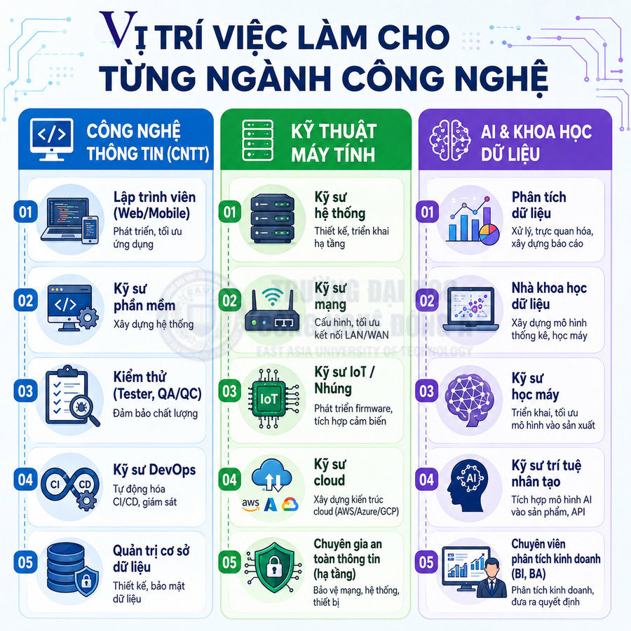 Vị trí việc làm cho ngành công nghệ thông tin, kỹ thuật máy tính, AI và khoa học dữ liệu trình bày theo từng nhóm nghề