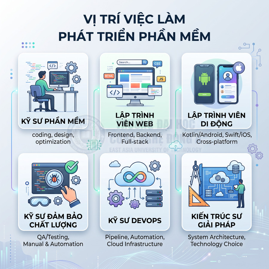Các vị trí việc làm trong ngành phát triển phần mềm như lập trình viên web, mobile, DevOps, QA và kiến trúc sư giải pháp