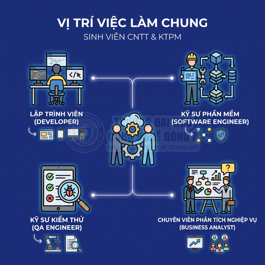 Các vị trí việc làm ngành CNTT và KTPM gồm lập trình viên, kỹ sư phần mềm, kỹ sư kiểm thử QA và chuyên viên phân tích nghiệp vụ