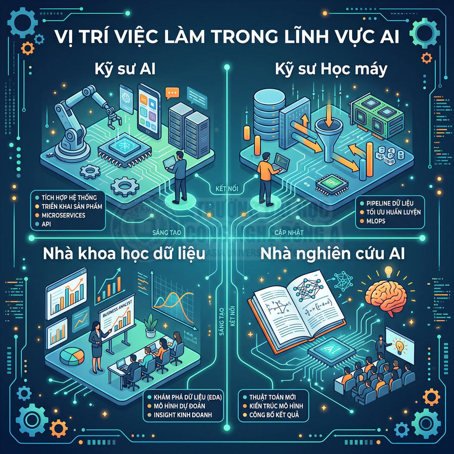 Minh họa các vị trí việc làm trong lĩnh vực AI gồm kỹ sư AI, kỹ sư học máy, nhà khoa học dữ liệu, nhà nghiên cứu AI