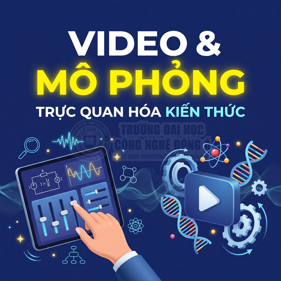 Minh họa video mô phỏng trực quan hóa kiến thức với máy tính bảng, nút phát, bánh răng và mô hình ADN.
