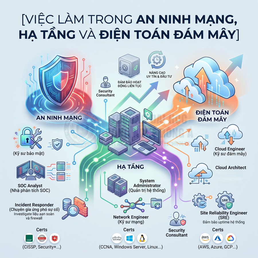 Các vị trí việc làm trong an ninh mạng, hạ tầng và điện toán đám mây cùng kỹ năng chứng chỉ liên quan