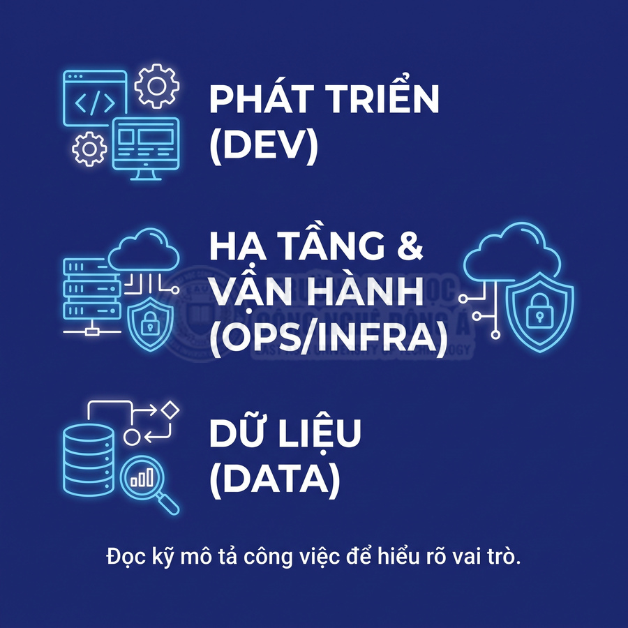 Hình minh họa các lĩnh vực công nghệ phát triển, hạ tầng và vận hành, dữ liệu trên nền xanh đậm