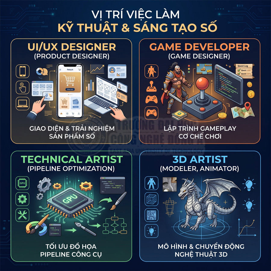 Poster giới thiệu các vị trí việc làm kỹ thuật sáng tạo số UIUX designer game developer technical artist và 3D artist